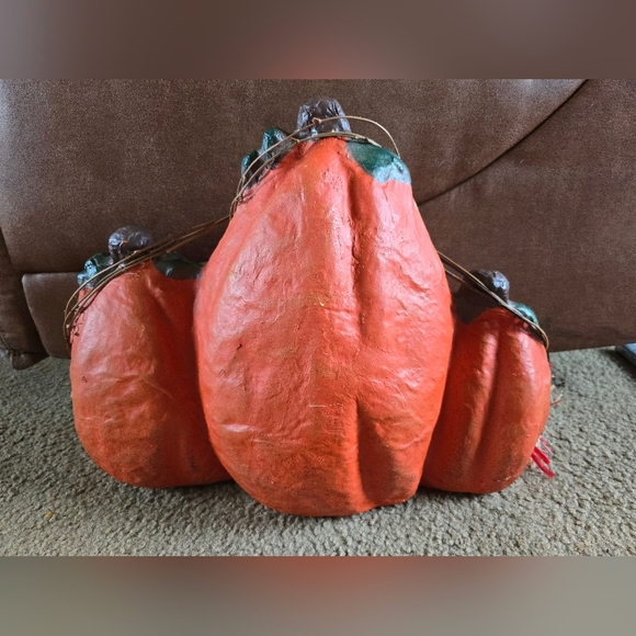 Vintage Halloween Paper Mache Smiling Pumpkin Trio Fall Decoration - Picture 7 of 9